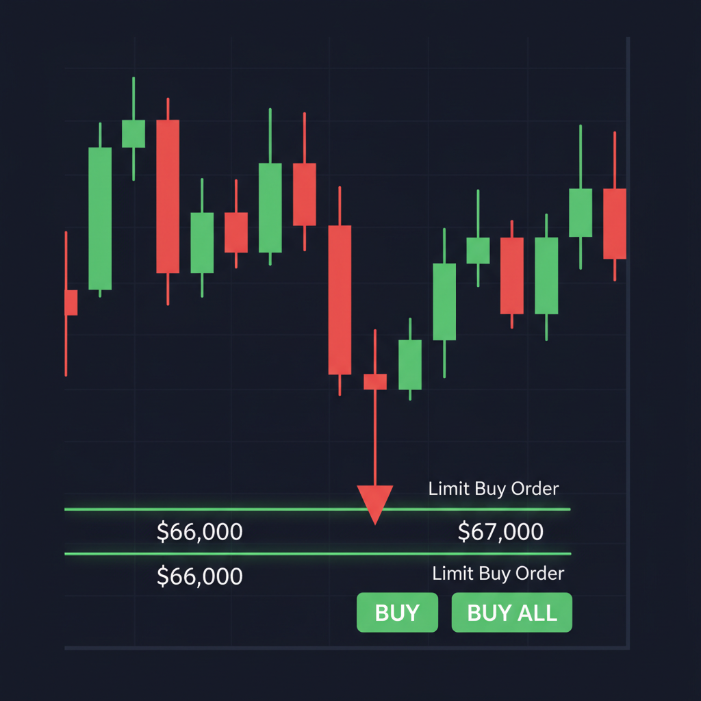 trading chart with limit order lines at $67k $66k, buy buttons green, candlestick dip, dark mode intense