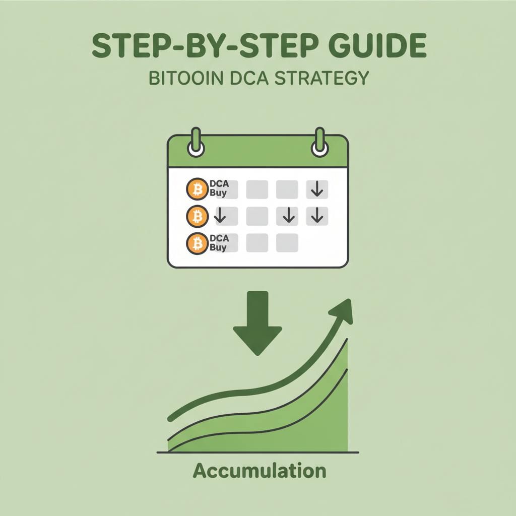 calendar 5 days with DCA bitcoin buys, downward arrow to accumulation graph rising, motivational green
