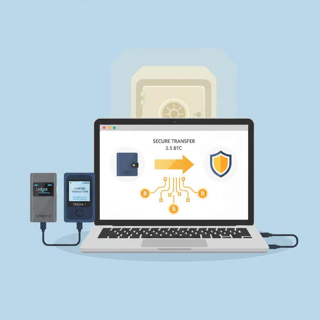hardware wallet Ledger Trezor connecting to laptop, bitcoin transferring securely, vault safe glow