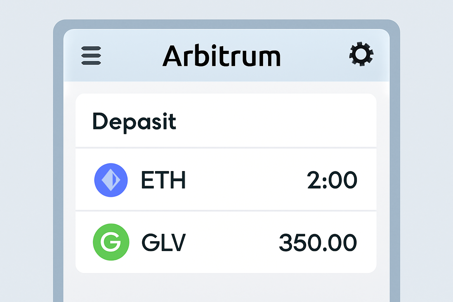 Arbitrum wallet interface showing ETH and GLV token deposits, clean DeFi UI