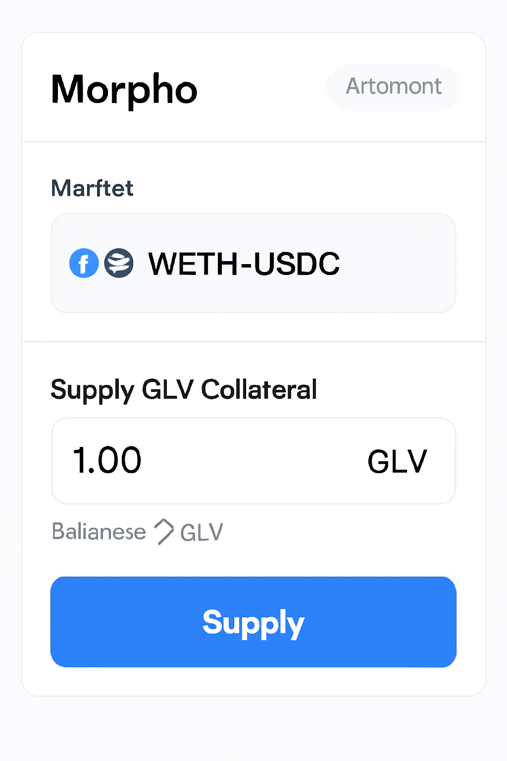 clean UI screenshot of Morpho Arbitrum app supplying GLV collateral in WETH-USDC market, professional DeFi interface