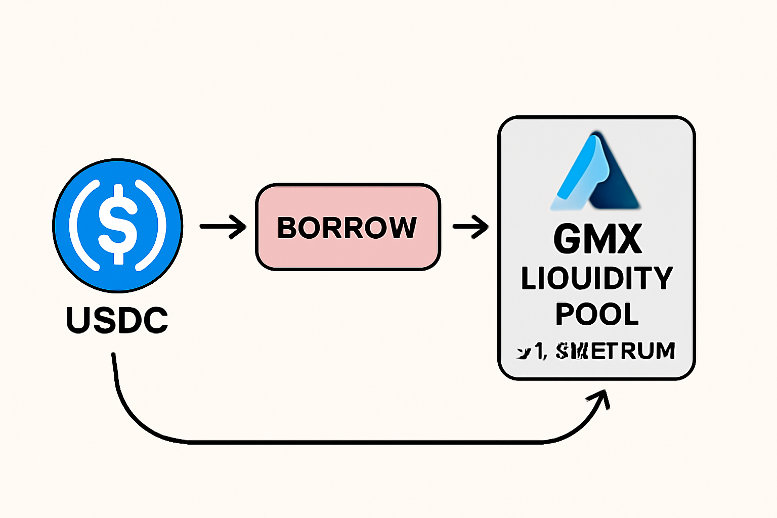 step-by-step diagram of USDC borrow flowing into GMX liquidity pool on Arbitrum, arrows showing recollateralization loop