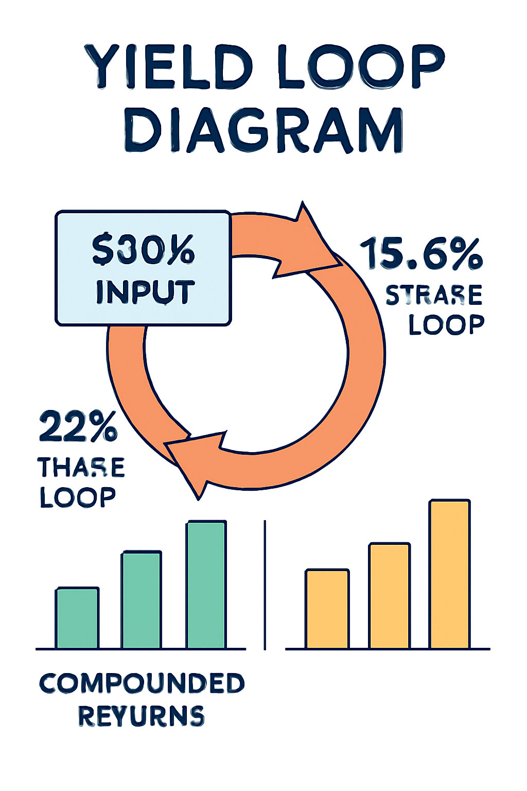 yield loop diagram with $10K input, 15.6% single loop, 22% triple loop, charts showing compounded returns