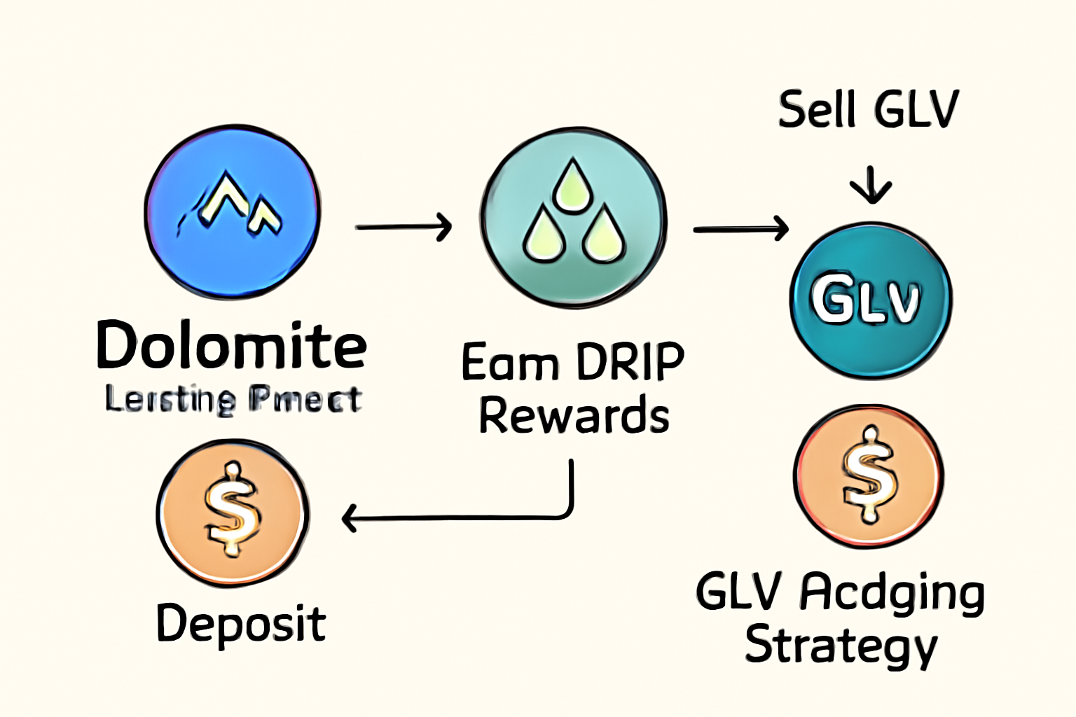 Dolomite lending market with DRIP rewards, GLV hedging strategy diagram