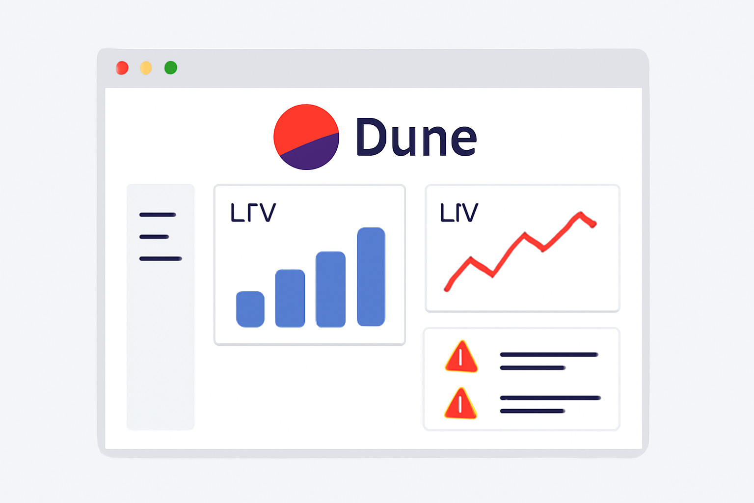 Dune Analytics dashboard with LTV charts and alert notifications