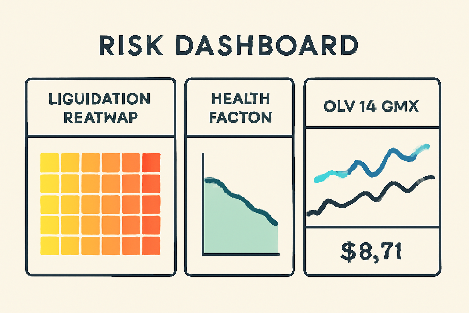 risk dashboard with liquidation heatmap, health factor chart, GLV vs GMX price correlation at $8.71