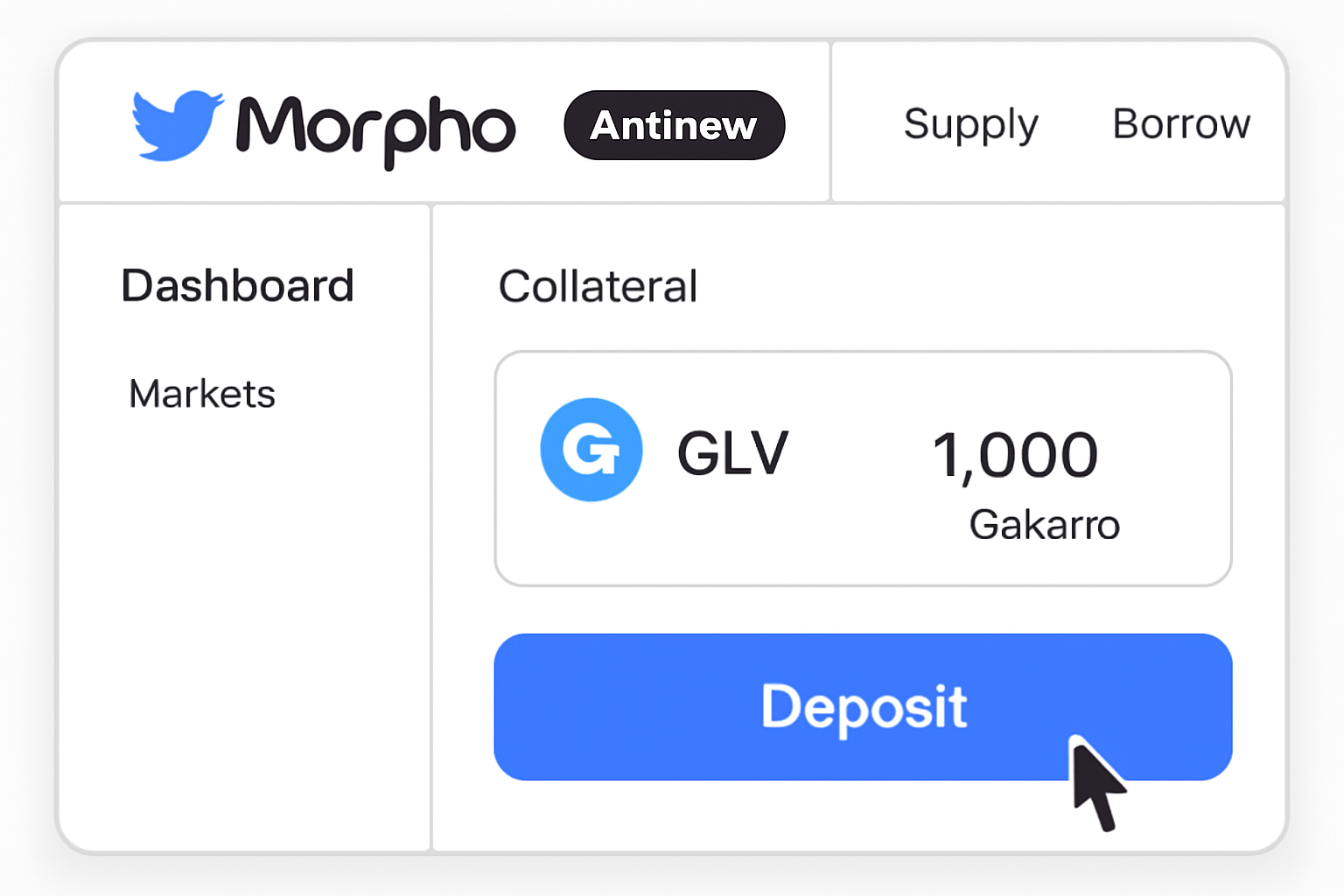 clean DeFi UI depositing GLV tokens as collateral on Morpho Arbitrum dashboard