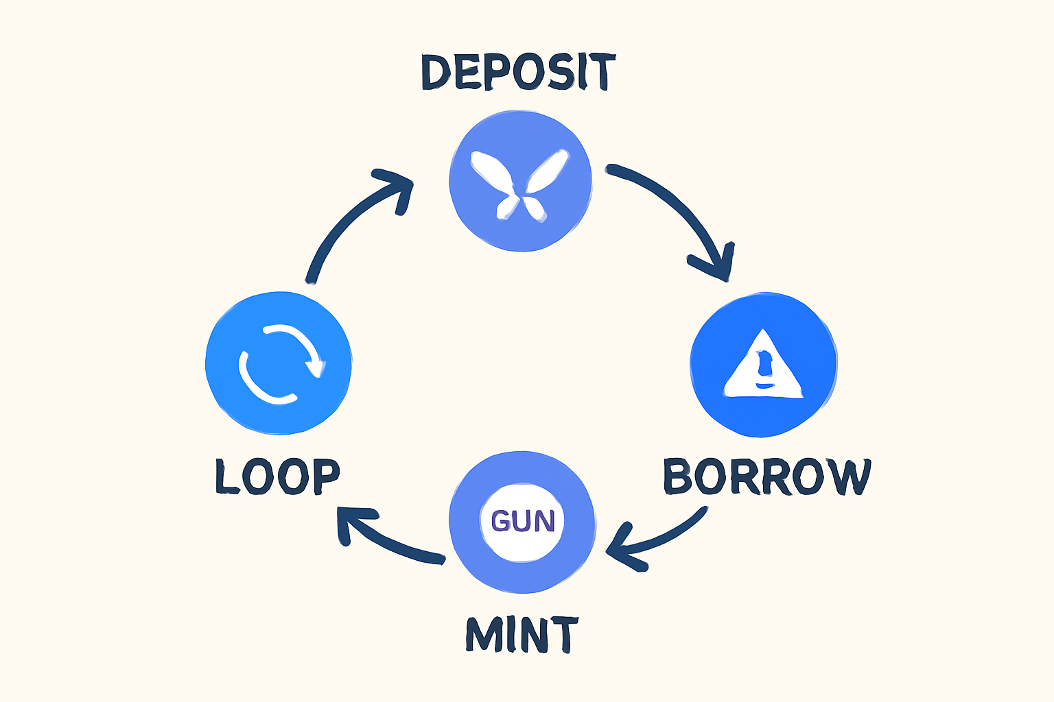cyclical diagram of GLV deposit borrow mint loop on Morpho and GMX