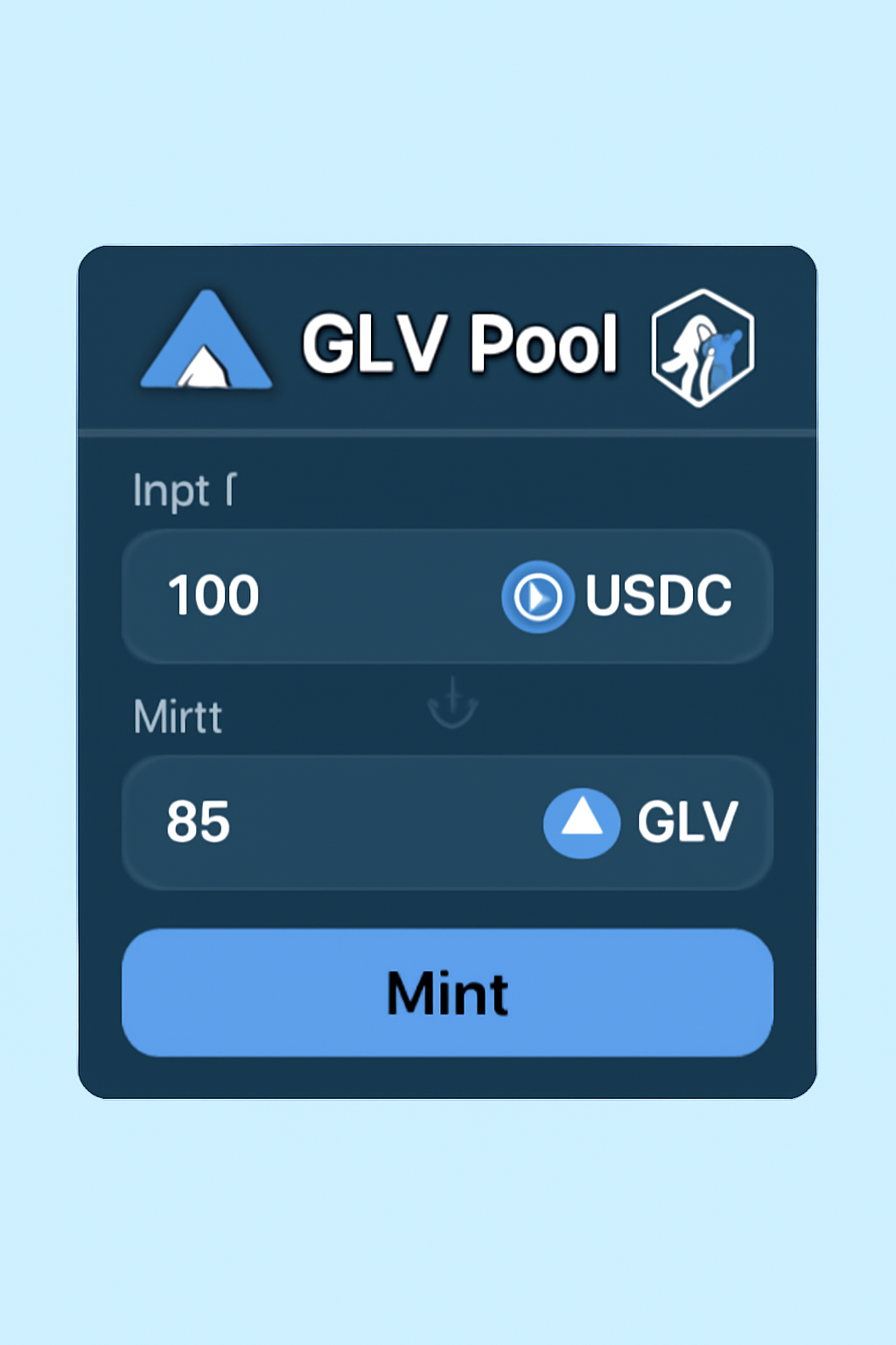 GMX Arbitrum pool interface minting GLV liquidity tokens with USDC input