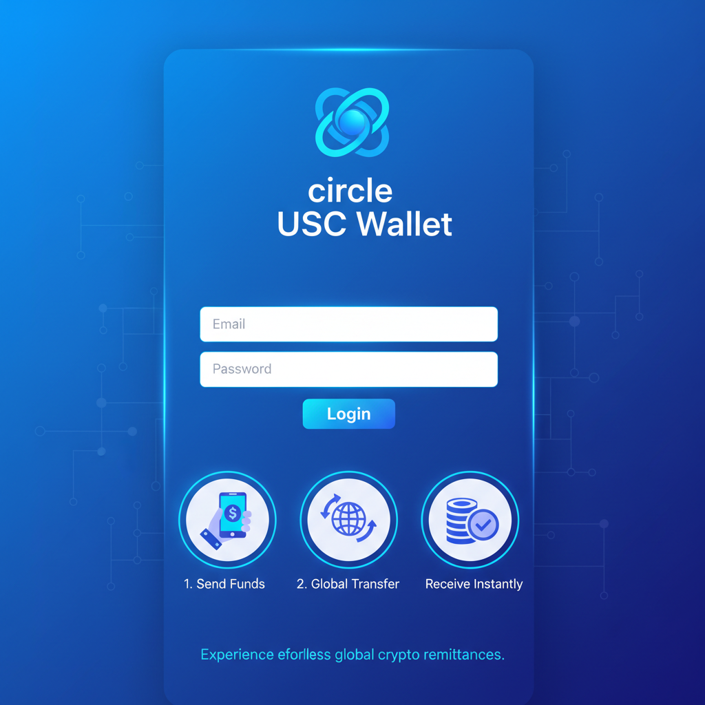 sleek mobile app login screen for Circle USDC wallet, futuristic blue tones, crypto remittance theme