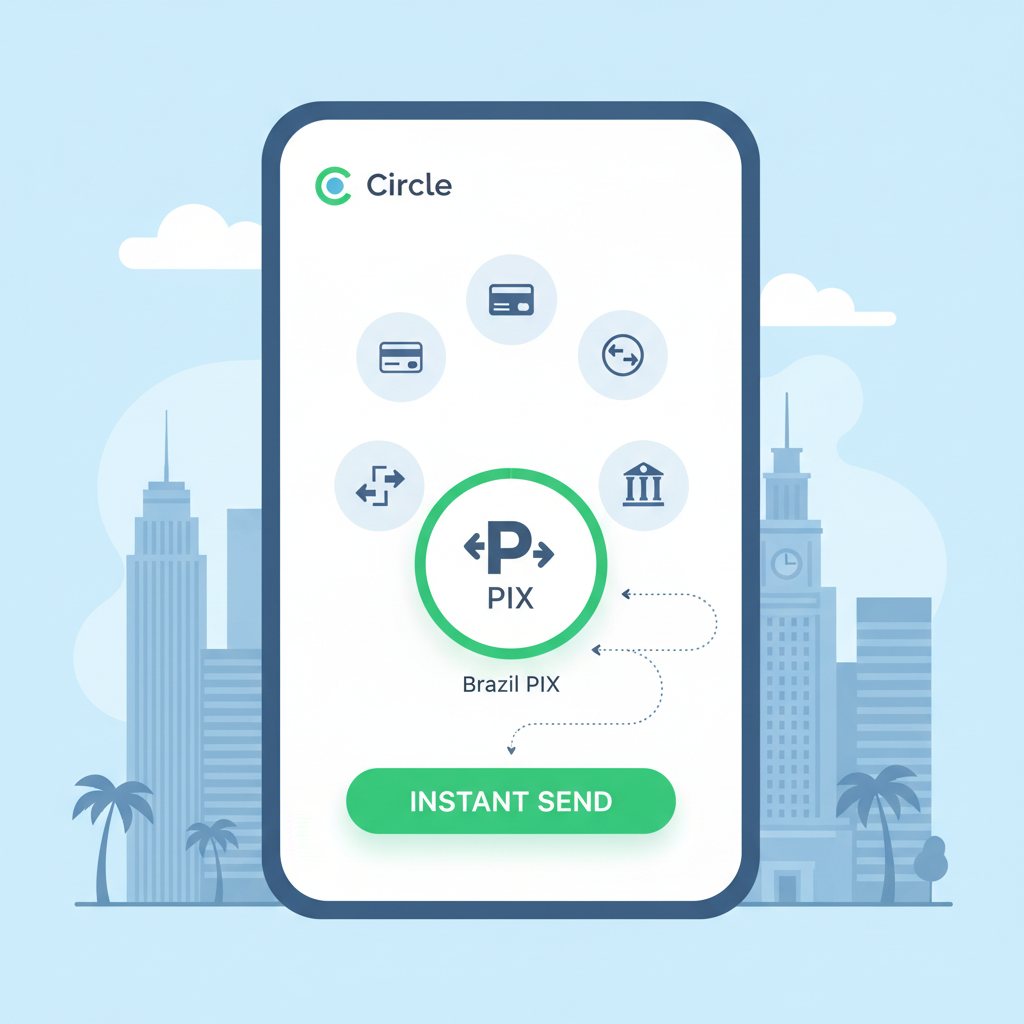 Circle app interface selecting Brazil PIX send option, green instant button, São Paulo skyline background