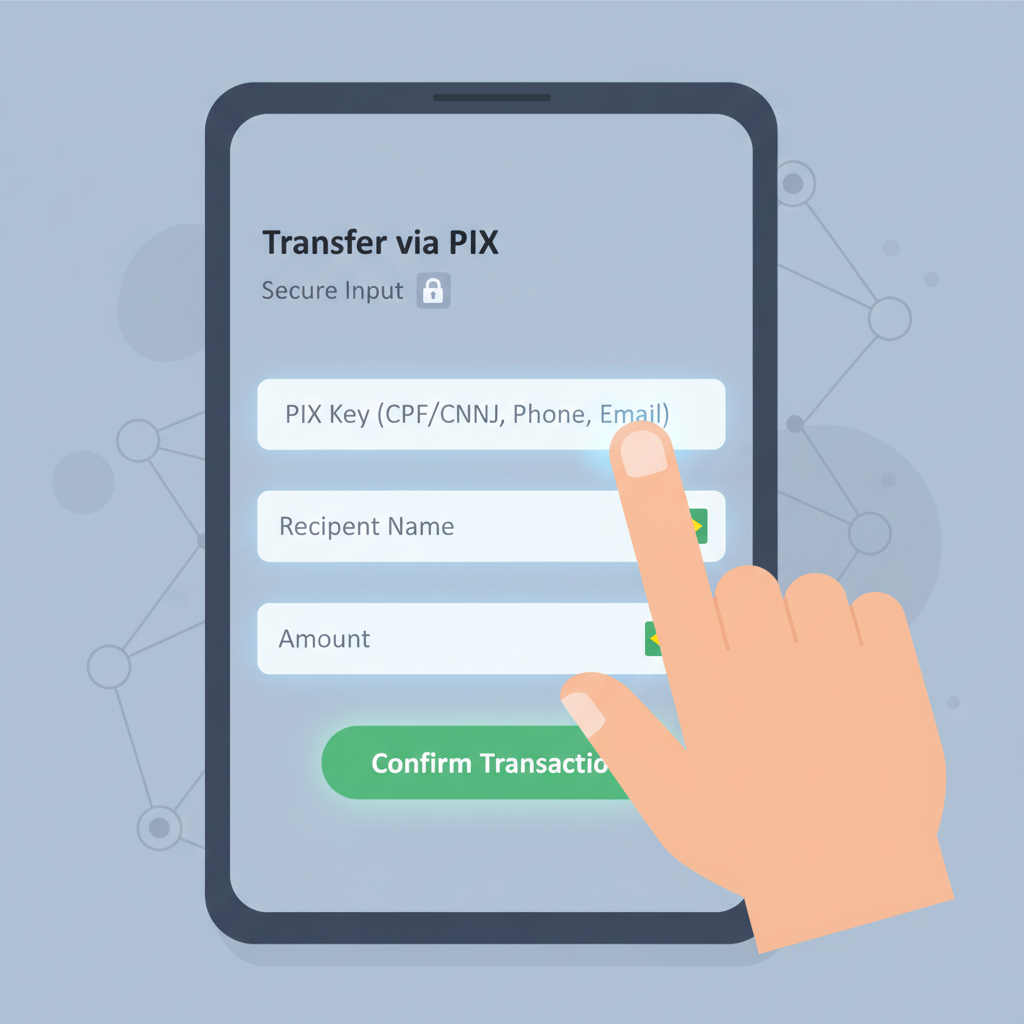form filling PIX key on crypto app, Brazilian flag icons, secure input fields glowing