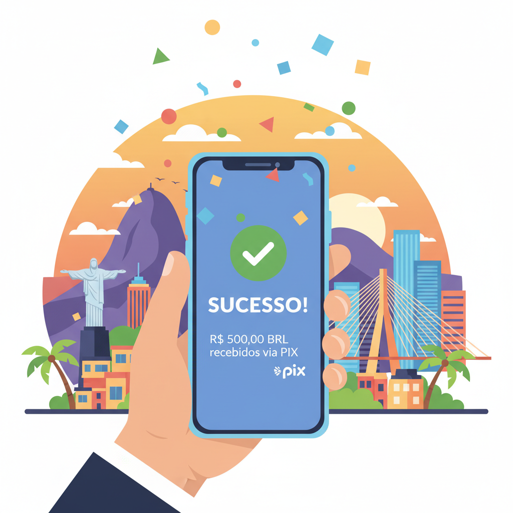 success notification on phone, BRL received via PIX, celebratory confetti, Rio/São Paulo vibes