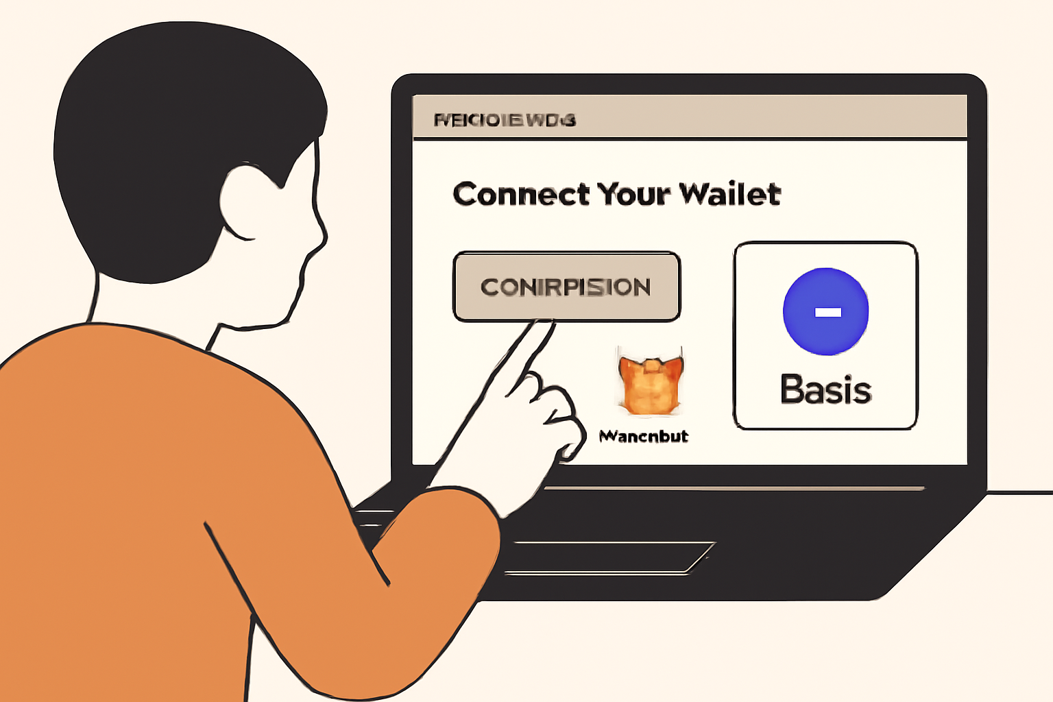 A user connecting their crypto wallet to the NewsCoin website interface on a laptop, with the Base blockchain logo visible.
