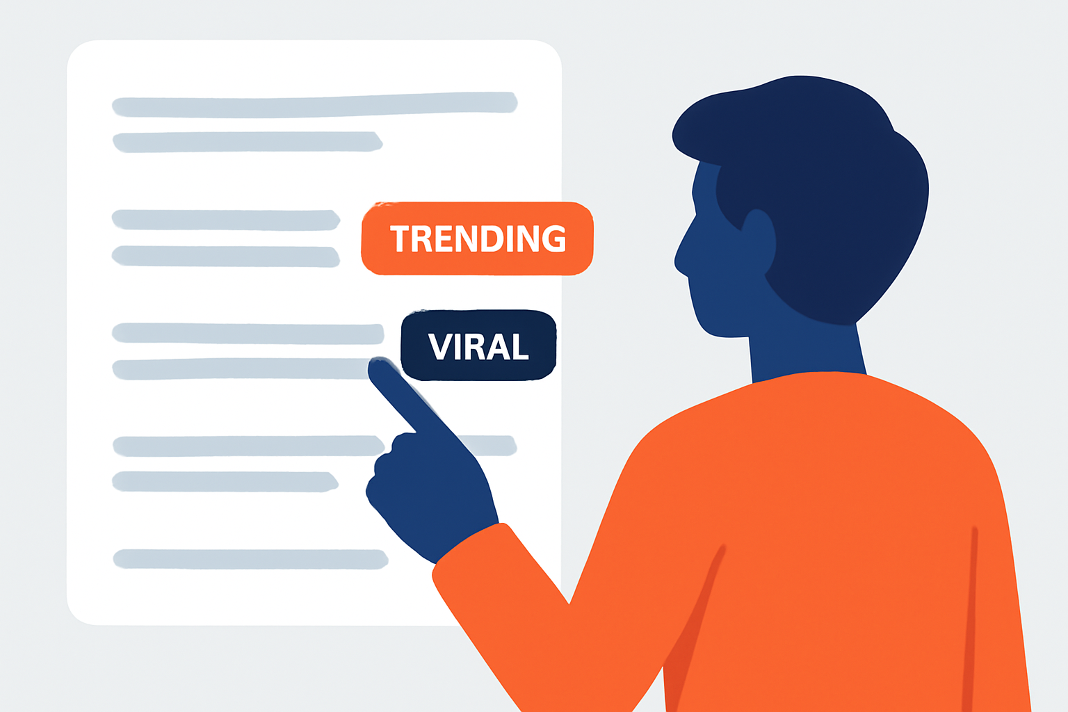 A person selecting a headline from a digital news feed, with trending and viral tags highlighted.