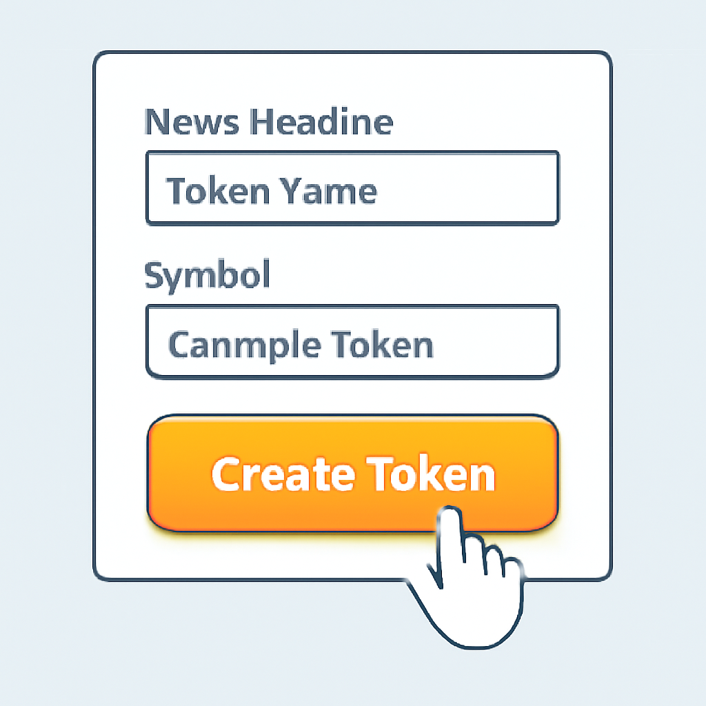 A digital form being filled out with a news headline, token name, and symbol, with a 'Create Token' button glowing.