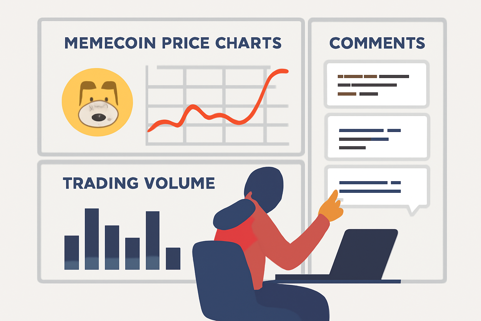 A dashboard displaying memecoin price charts, trading volume, and community comments, with a user actively engaging.
