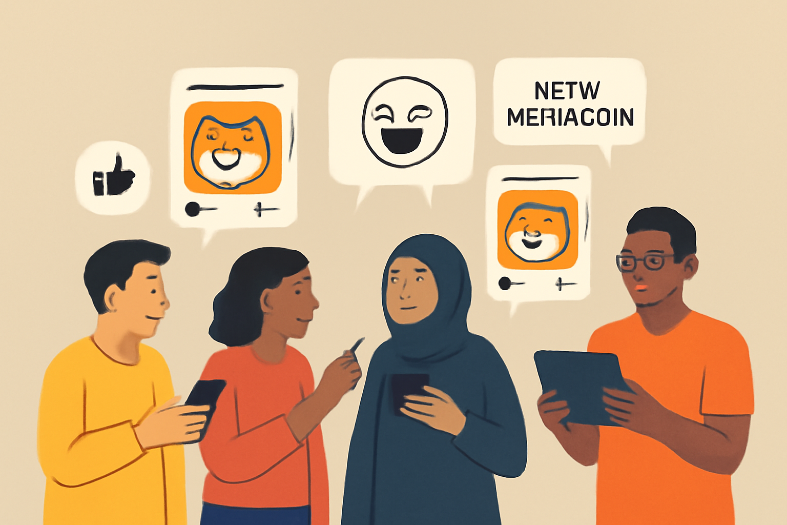 A group of diverse users discussing and sharing a new memecoin on social media, with meme graphics and chat bubbles.