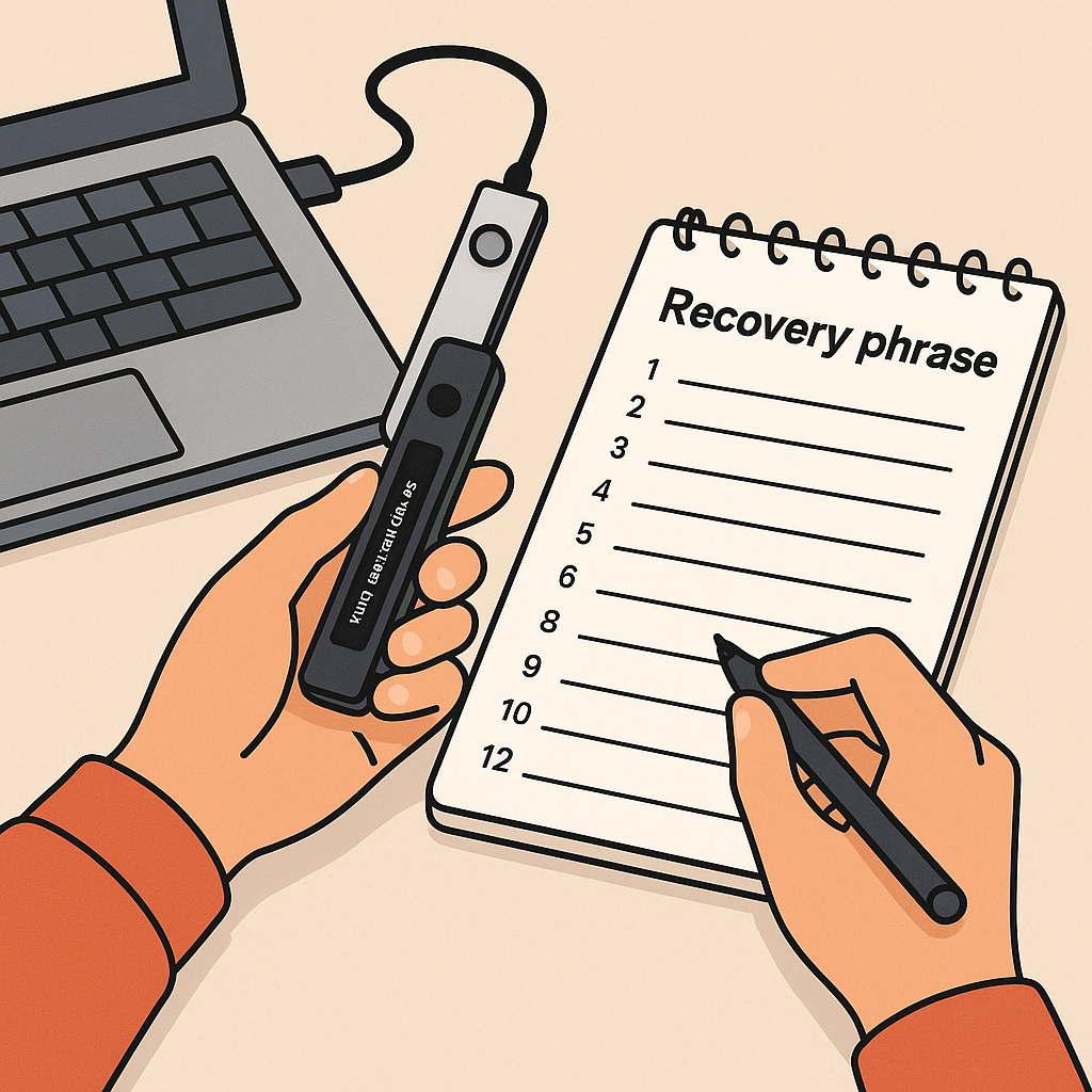 A person setting up a Ledger or Trezor hardware wallet on a desk, with a notepad for writing the recovery phrase, bright lighting, techy vibe