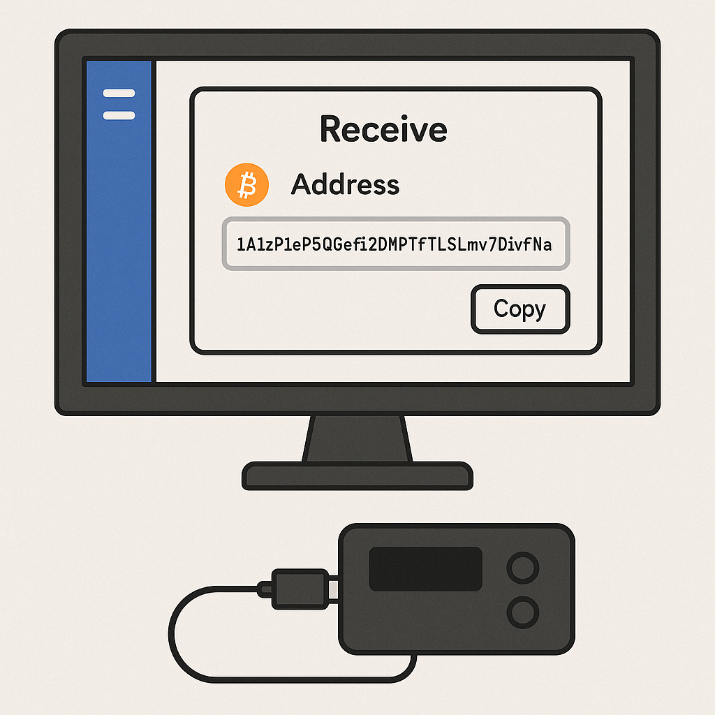 A computer screen displaying a Bitcoin receive address on a Ledger Live or Trezor Suite app, with a hardware wallet connected