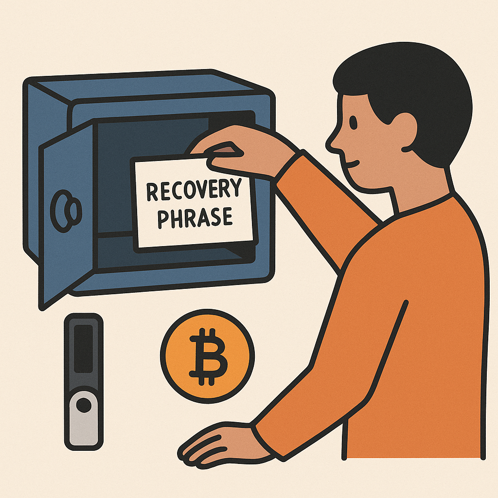 A person placing a handwritten recovery phrase in a safe or secure box, with a hardware wallet and Bitcoin icon nearby