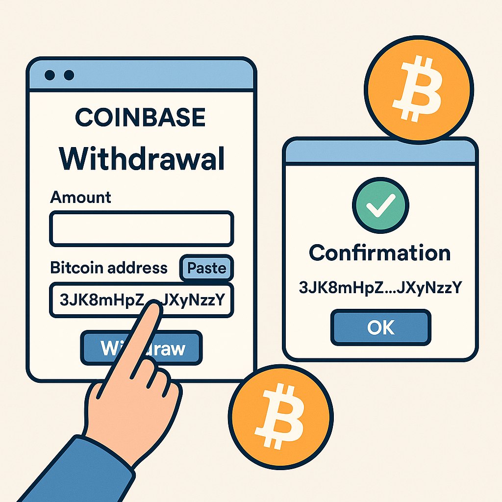 A user pasting a Bitcoin address into the withdrawal form on Coinbase or Kraken, with a confirmation screen and Bitcoin symbols