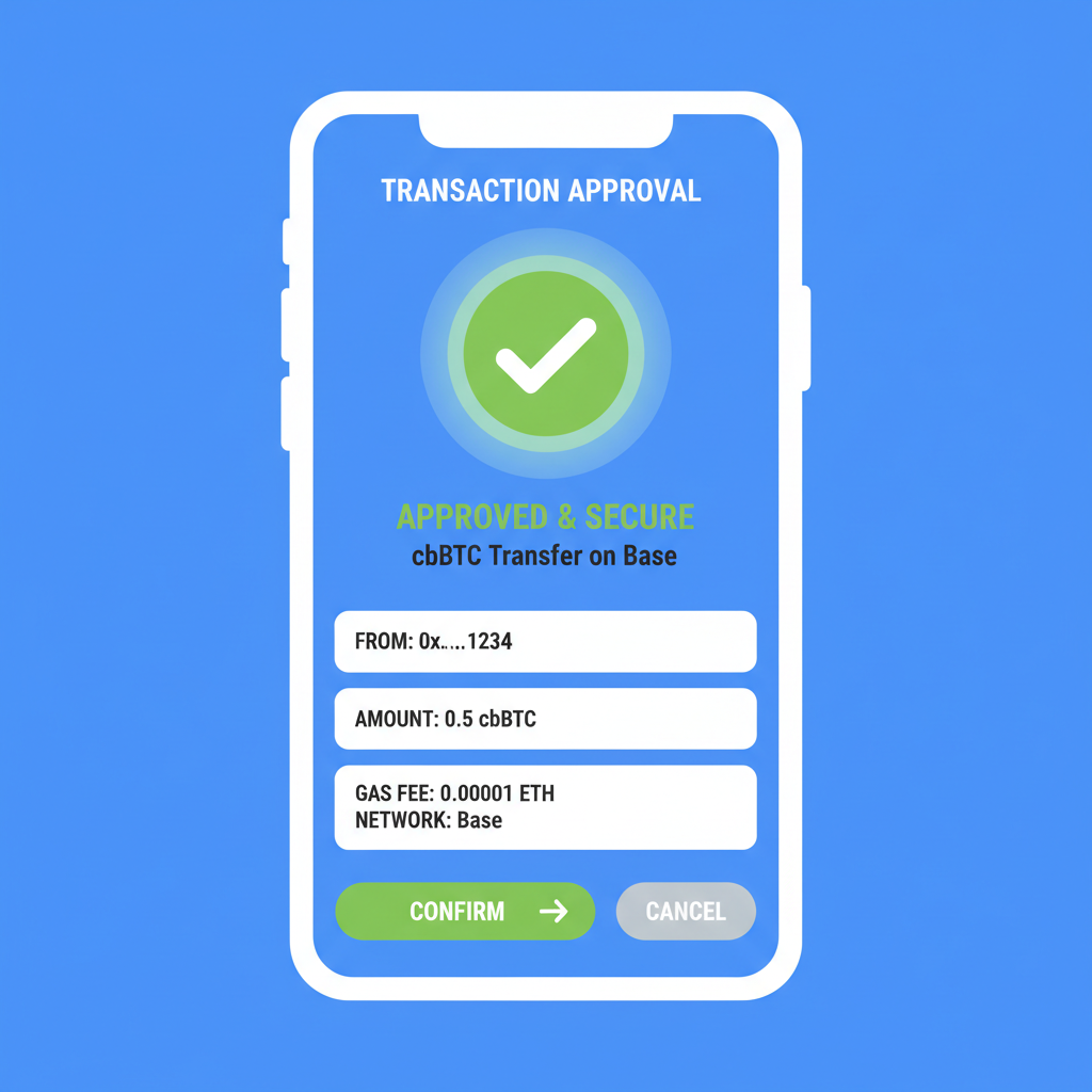 wallet approval screen for cbBTC token transaction on Base chain, secure green checkmark