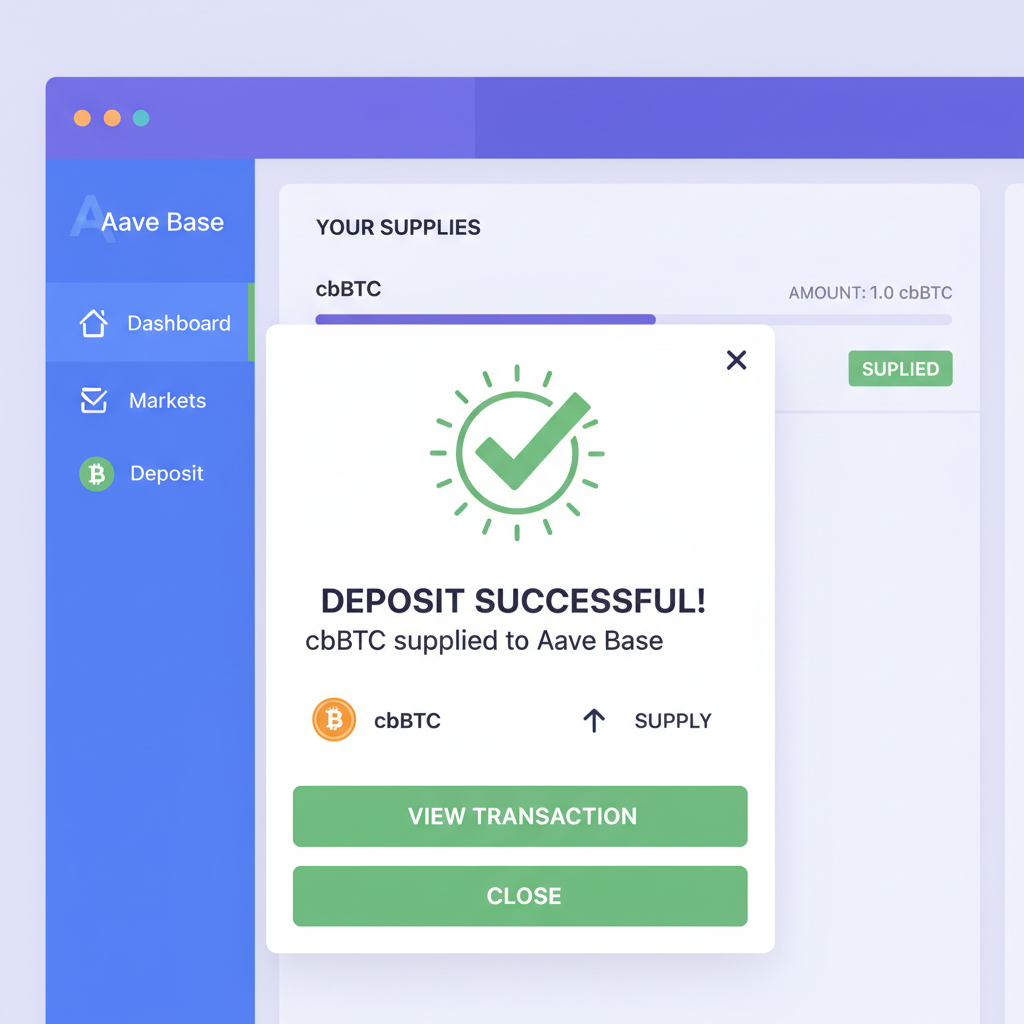 confirming cbBTC deposit supply on Aave Base dashboard, success animation