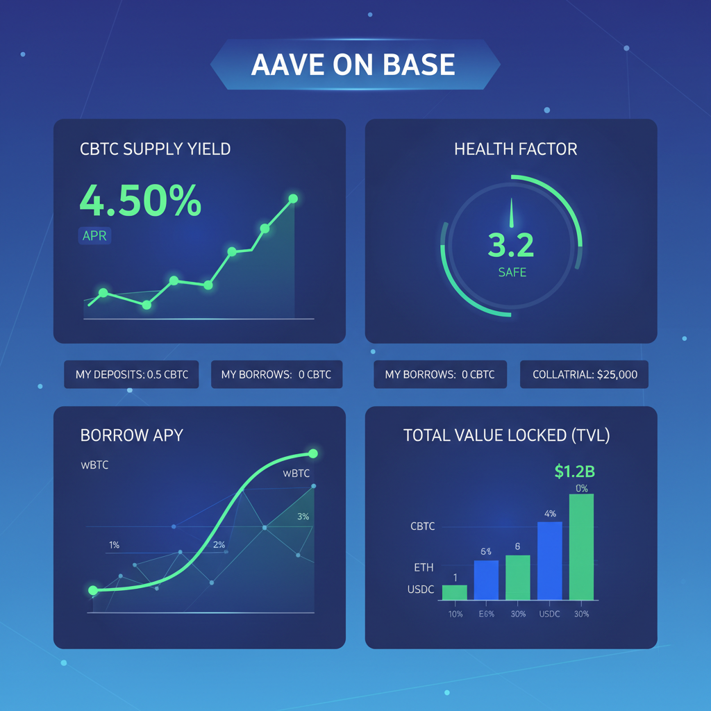 Aave dashboard showing cbBTC yields and health factor on Base, charts and metrics glowing