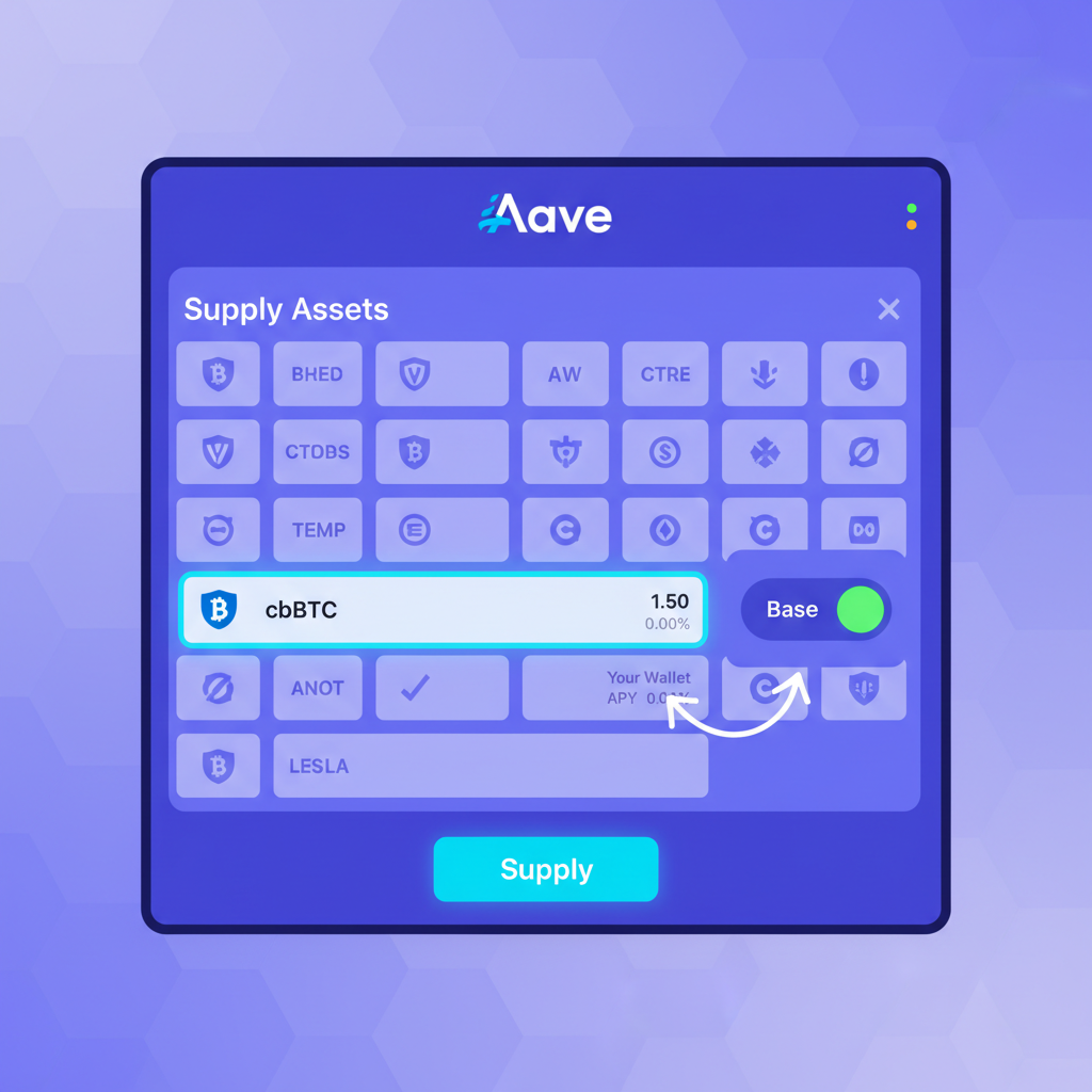 Aave supply interface selecting cbBTC token on Base, vibrant DeFi dashboard