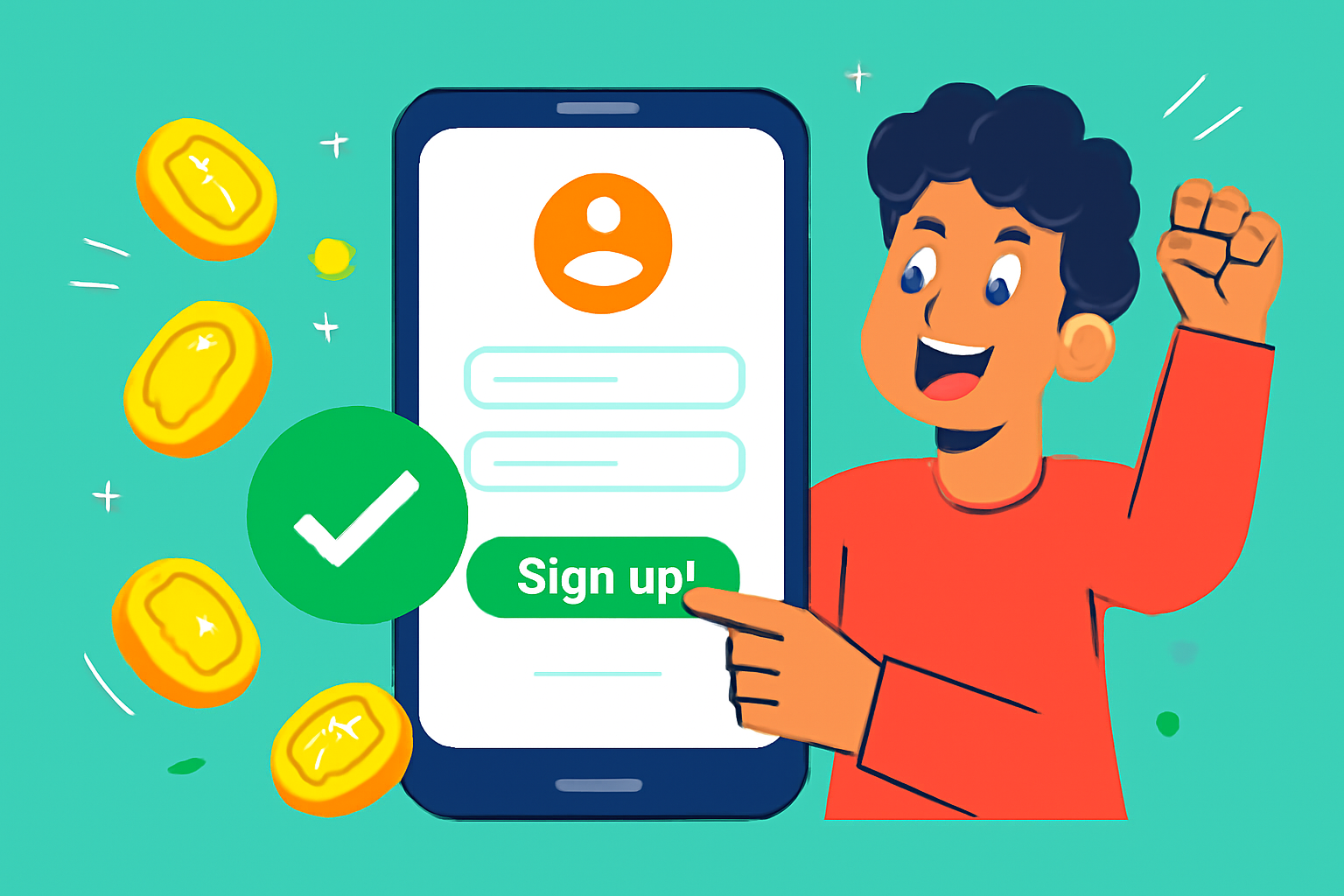 vibrant cartoon of excited person signing up on mobile app, green checkmark, crypto coins flying