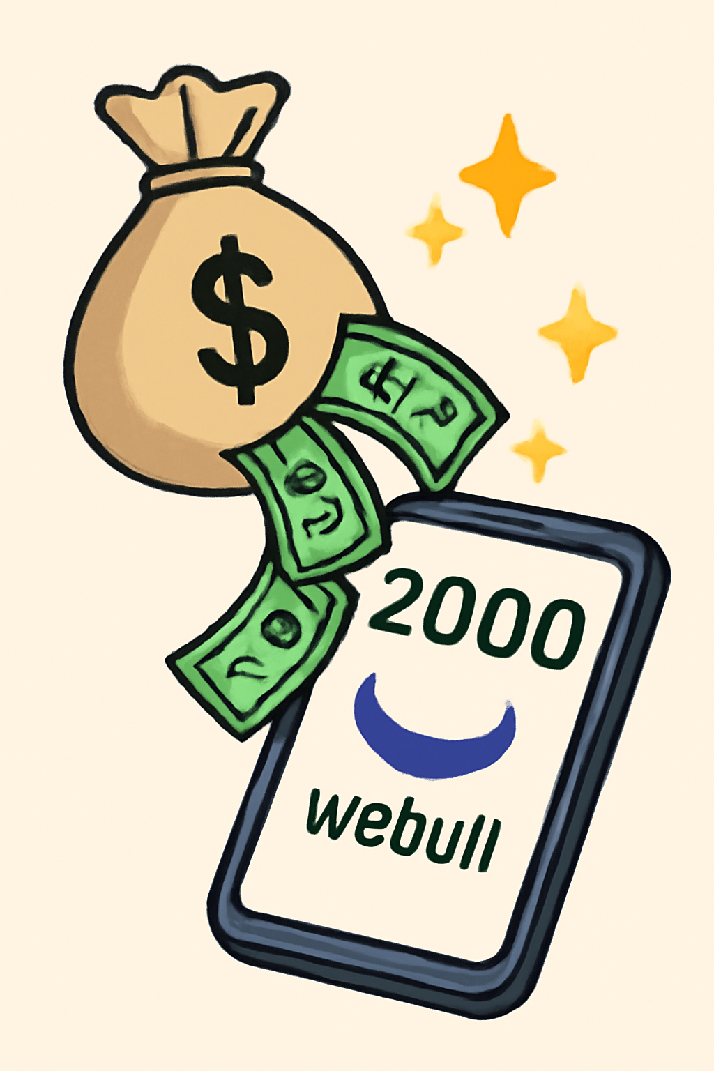 dynamic illustration of money bag pouring $2000 into Webull app, golden bonus sparkles