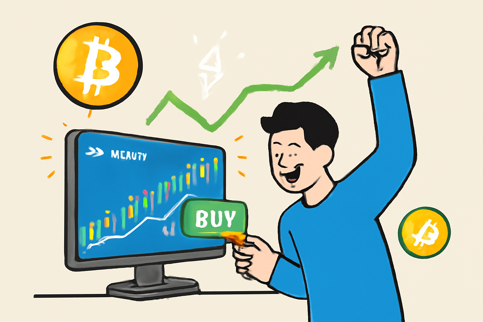 energetic trader buying Bitcoin on Webull screen, charts rising, crypto icons glowing
