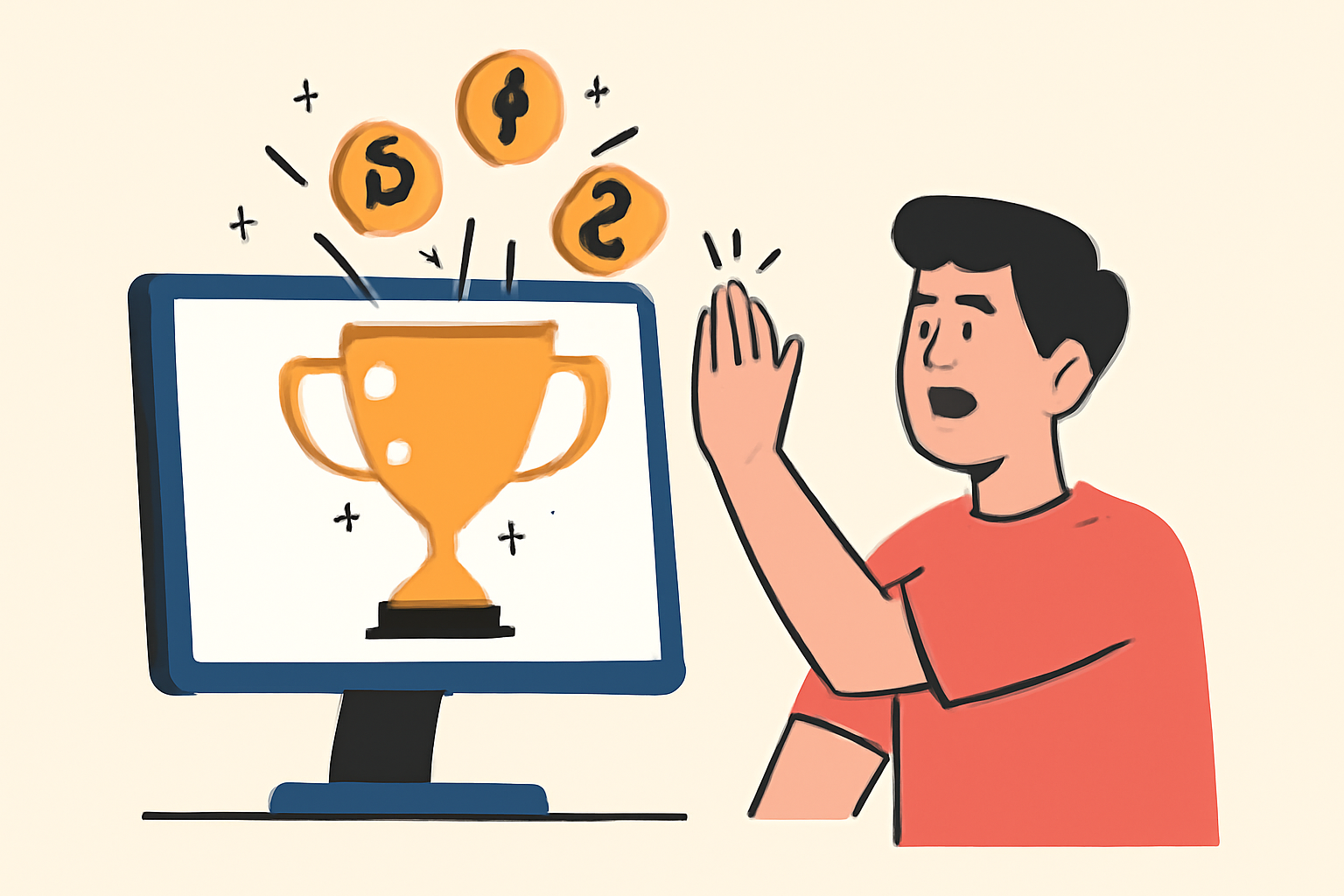 trophy popping with random crypto rewards, happy user high-fiving screen