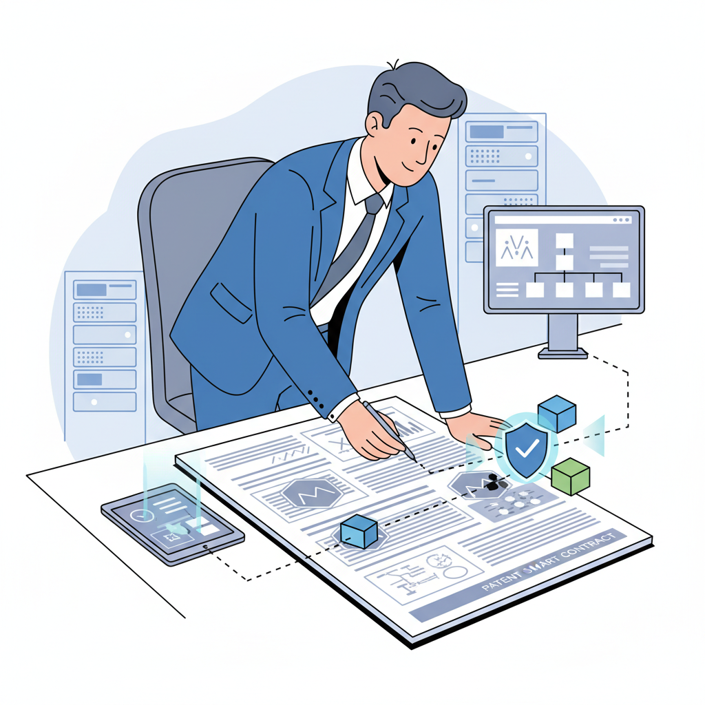 lawyer examining patent documents with blockchain verification icons, technical office setting, precise illustration