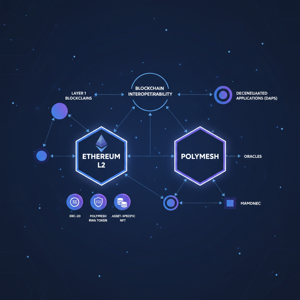 blockchain networks diagram with Ethereum L2 and Polymesh highlighted, token standards icons, futuristic tech style