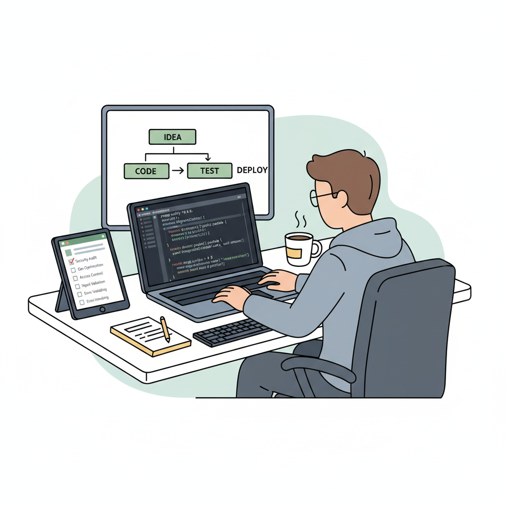 developer coding smart contracts on laptop with audit checklist, blockchain code snippets visible, professional workspace