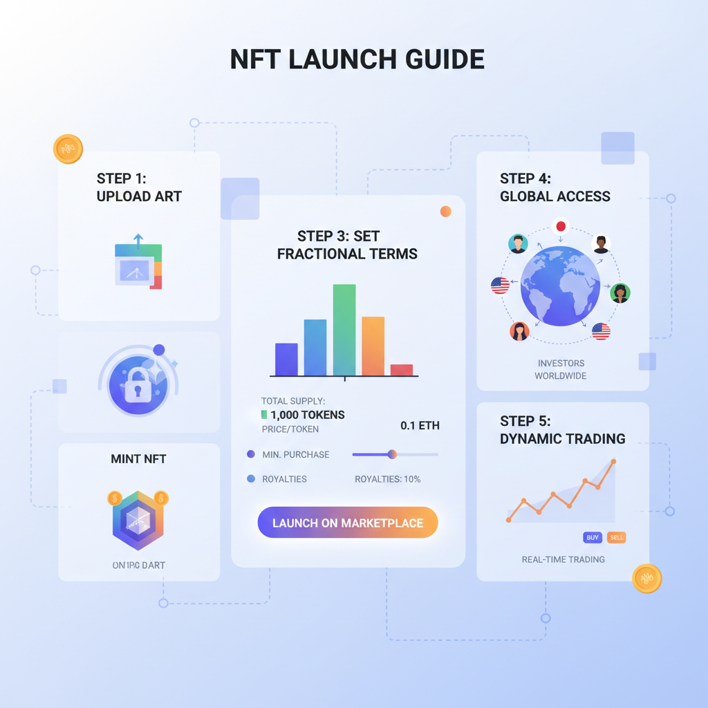 launching NFT on blockchain marketplace dashboard, fractional tokens trading, investors accessing globally, dynamic digital interface