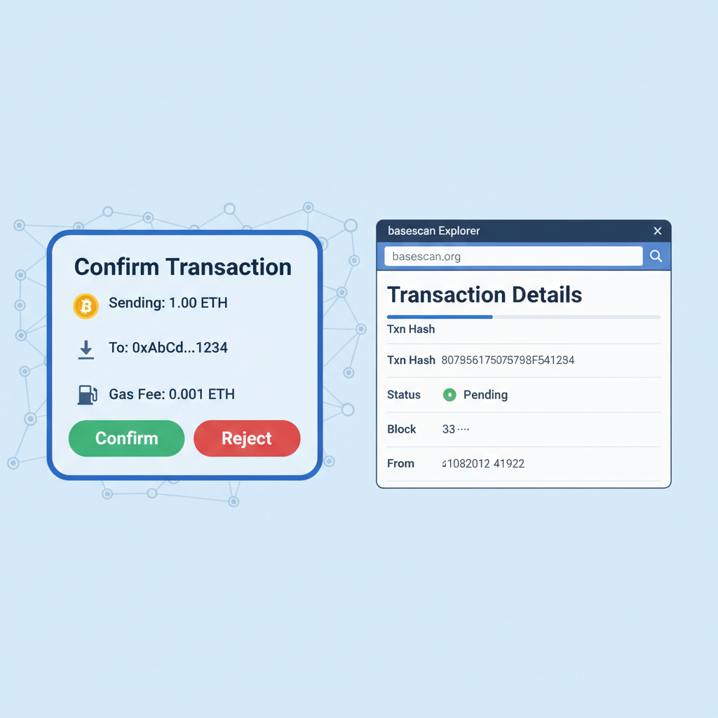 wallet confirmation popup and basescan explorer monitoring bridge transaction