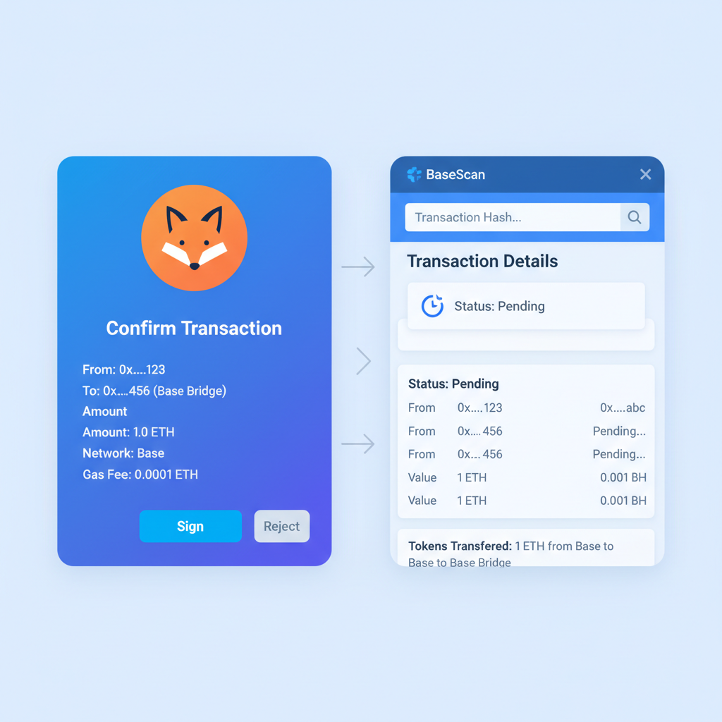 MetaMask or Coinbase Wallet signing Base Bridge tx screen, with BaseScan explorer tracking interface nearby
