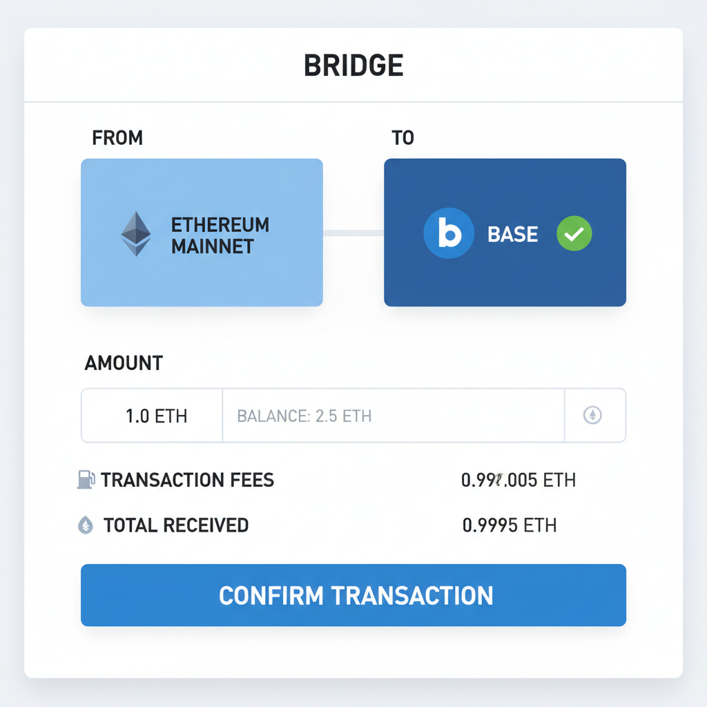 base bridge UI with Base selected as destination verifying fees ETH balance indicator