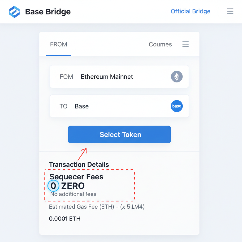 clean screenshot of official Base Bridge UI selecting Base chain, zero sequencer fees highlighted, ETH gas fee estimate visible
