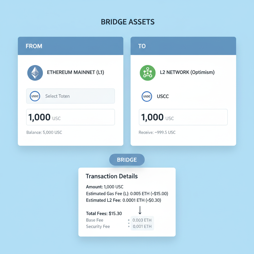 base bridge interface selecting Ethereum USDC token entering amount showing L1 fee breakdown