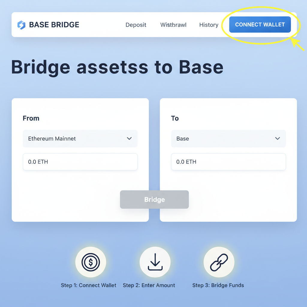 clean screenshot of base bridge homepage with connect wallet button highlighted, modern web interface