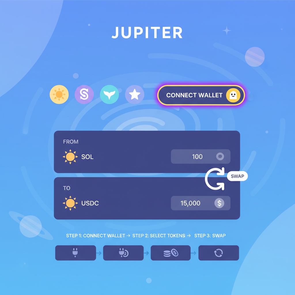 Jupiter DEX homepage with Phantom connect button highlighted, Solana ecosystem icons, swap interface preview