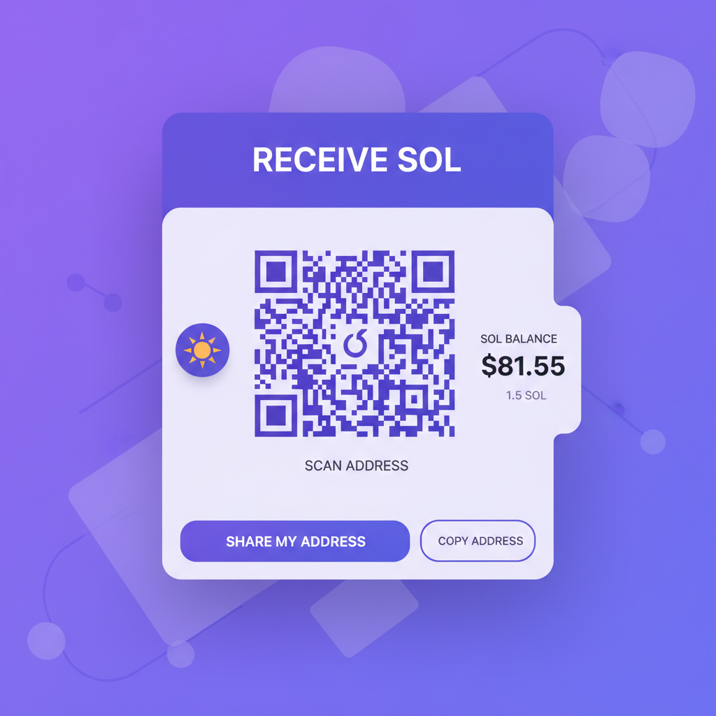 Phantom wallet receive screen showing SOL balance $81.55 price ticker, QR code, Solana blockchain visualization