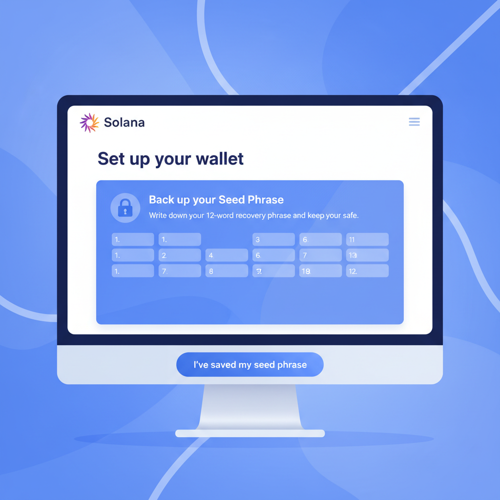 Phantom wallet setup screen on desktop, Solana logo, clean blue UI, seed phrase backup prompt
