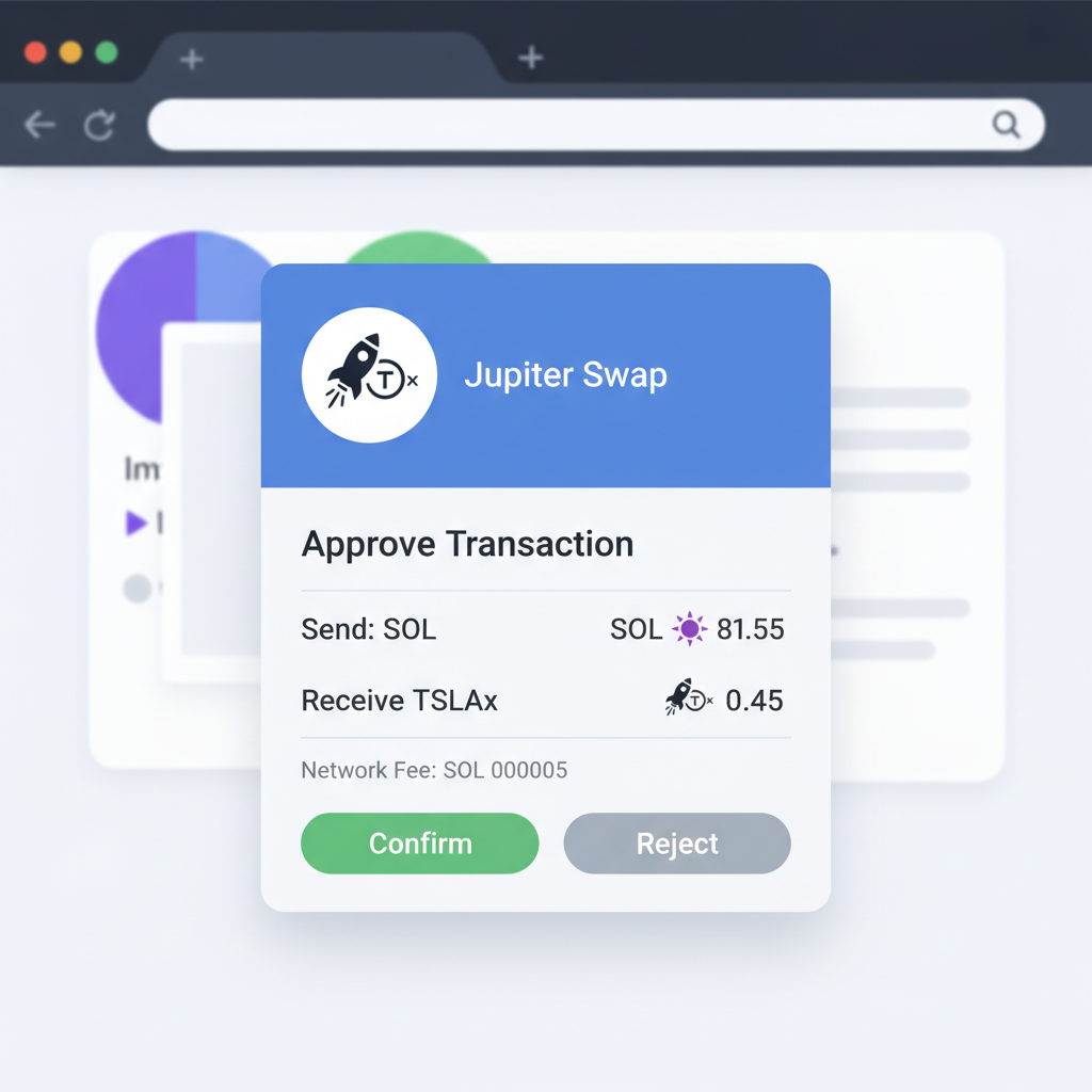 Phantom approval popup for Jupiter swap, TSLAx token icon, transaction details with SOL $81.55 input