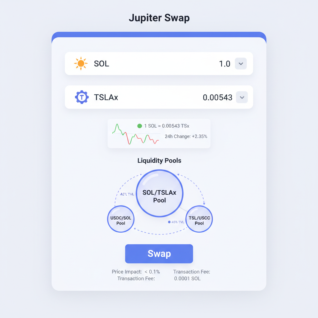 Jupiter DEX swap screen, SOL to TSLAx pair selected, price chart snippet, liquidity pools visualization