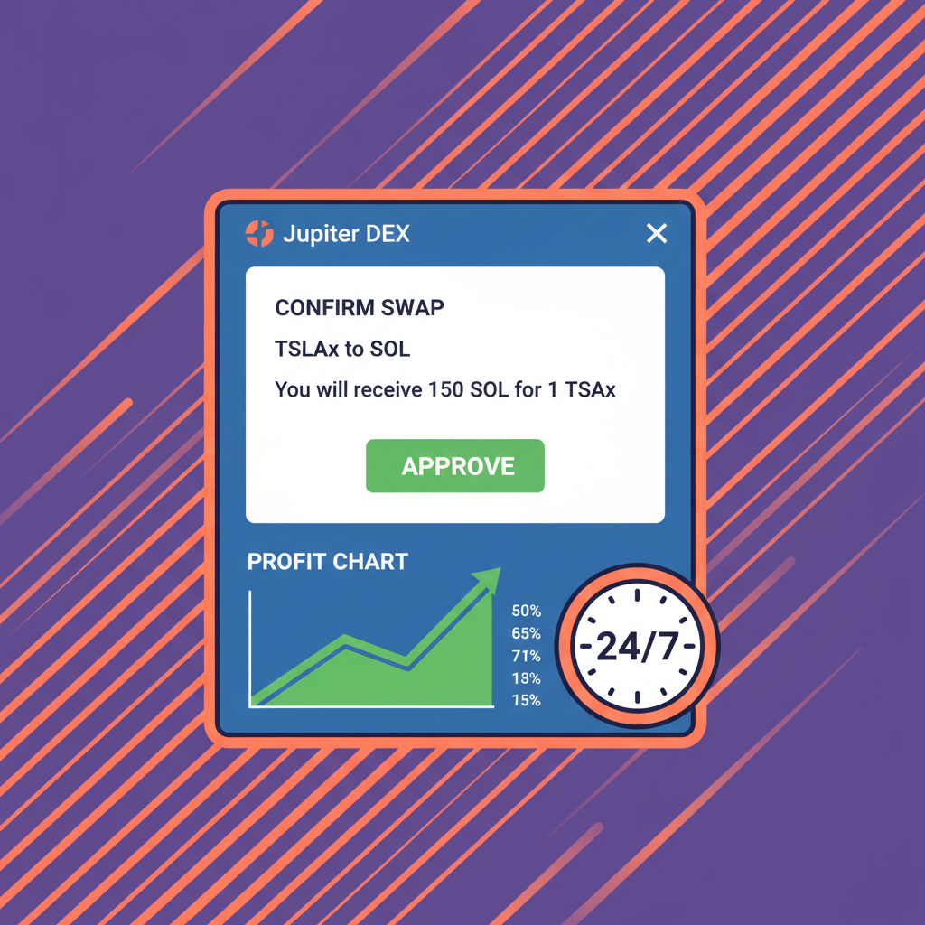 Jupiter DEX TSLAx to SOL swap confirmation, profit chart, 24/7 clock, Solana speed lines